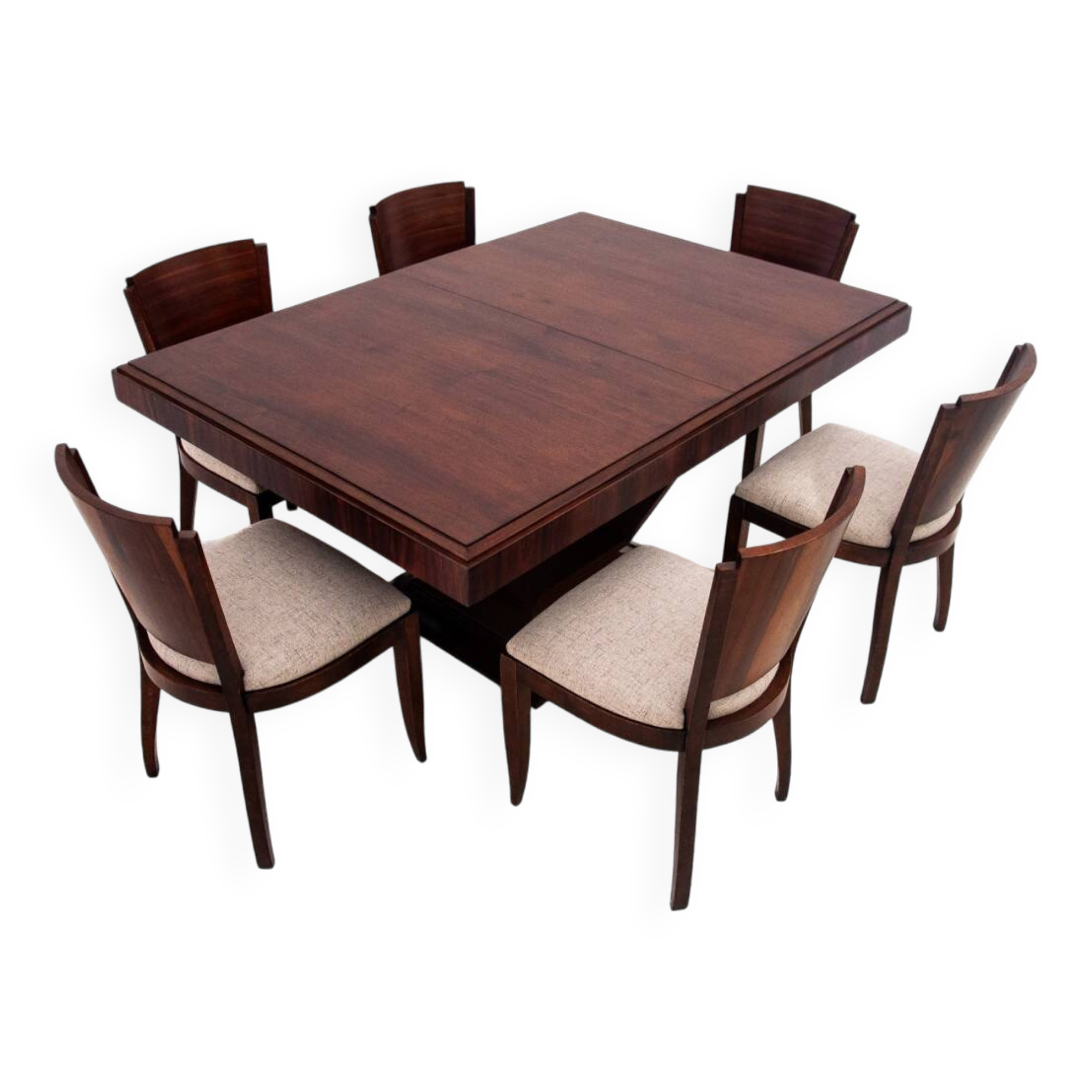 Original walnut extendable table, designed by Louis Majorelle, with 6 Art Deco chairs.