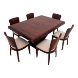 Original walnut extendable table, designed by Louis Majorelle, with 6 Art Deco chairs.