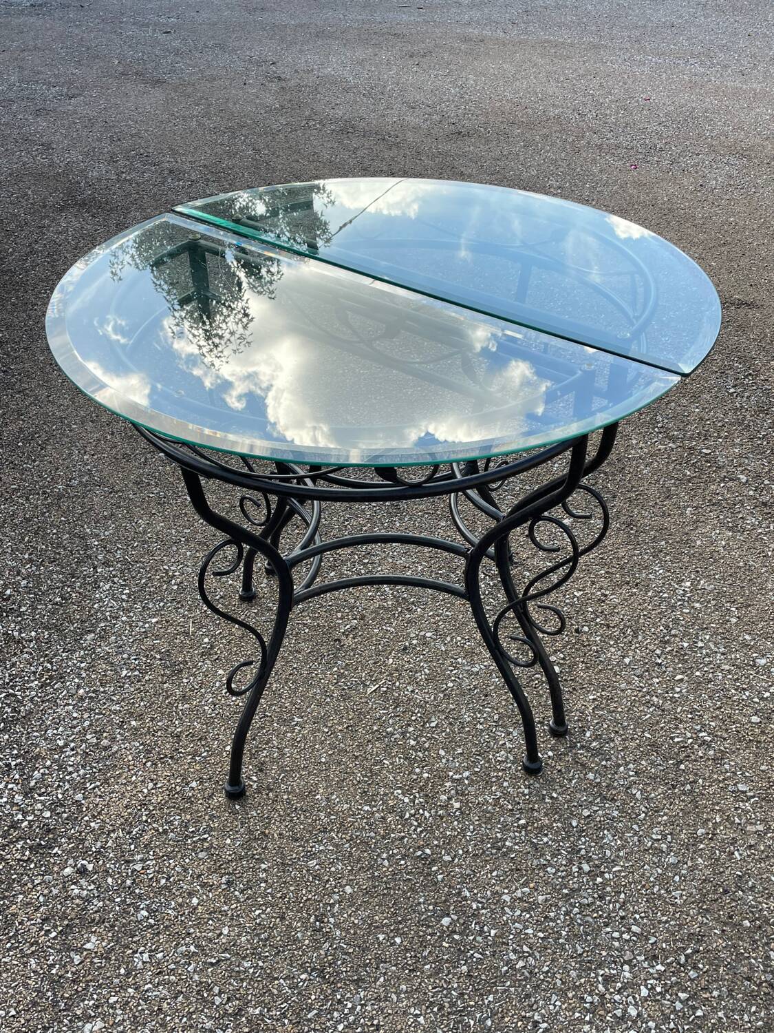 Glass and iron table with two side tables and 8 chairs