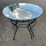 Glass and iron table with two side tables and 8 chairs