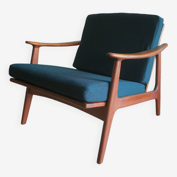 Fauteuil lounge danois en teck avec coussins bleu-vert, années 1960