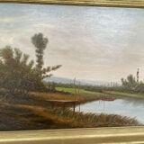 Tableau huile bord de rivière signé EM