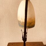 Art deco table lamp with hammered wrought iron base and tulip muller brothers lunéville signed