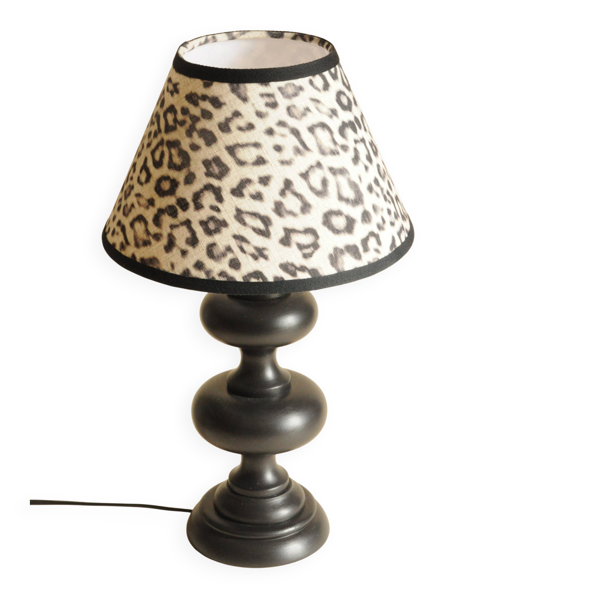 Black Turned Wood Table Lamp with Leopard Print Shade