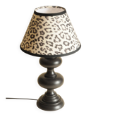 Lampe à Poser en Bois Tourné Noir et Abat-Jour Motif Léopard