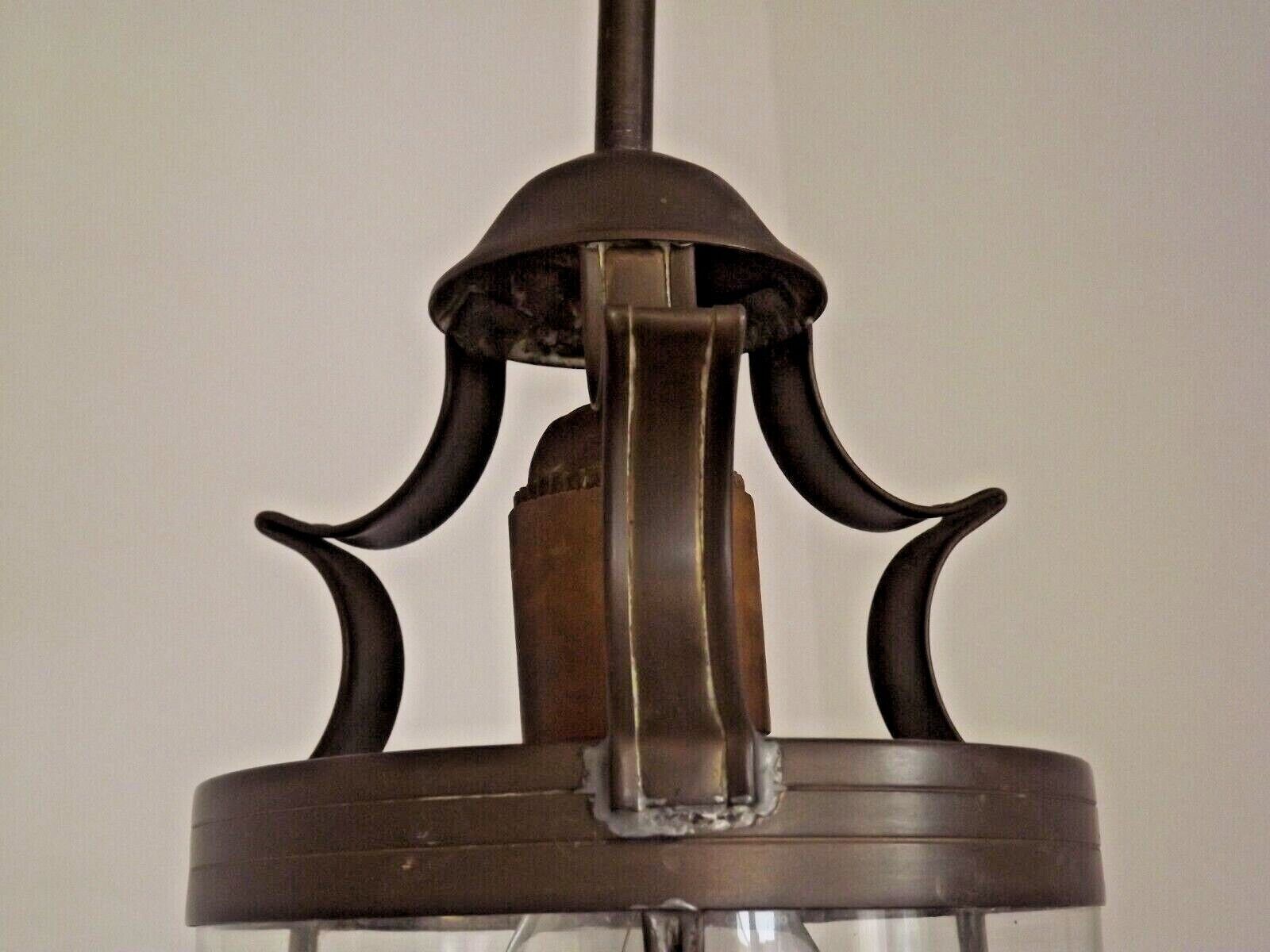Vintage French Round Hall Lantern In Copper With Cylindrical Glass Shade 3681
