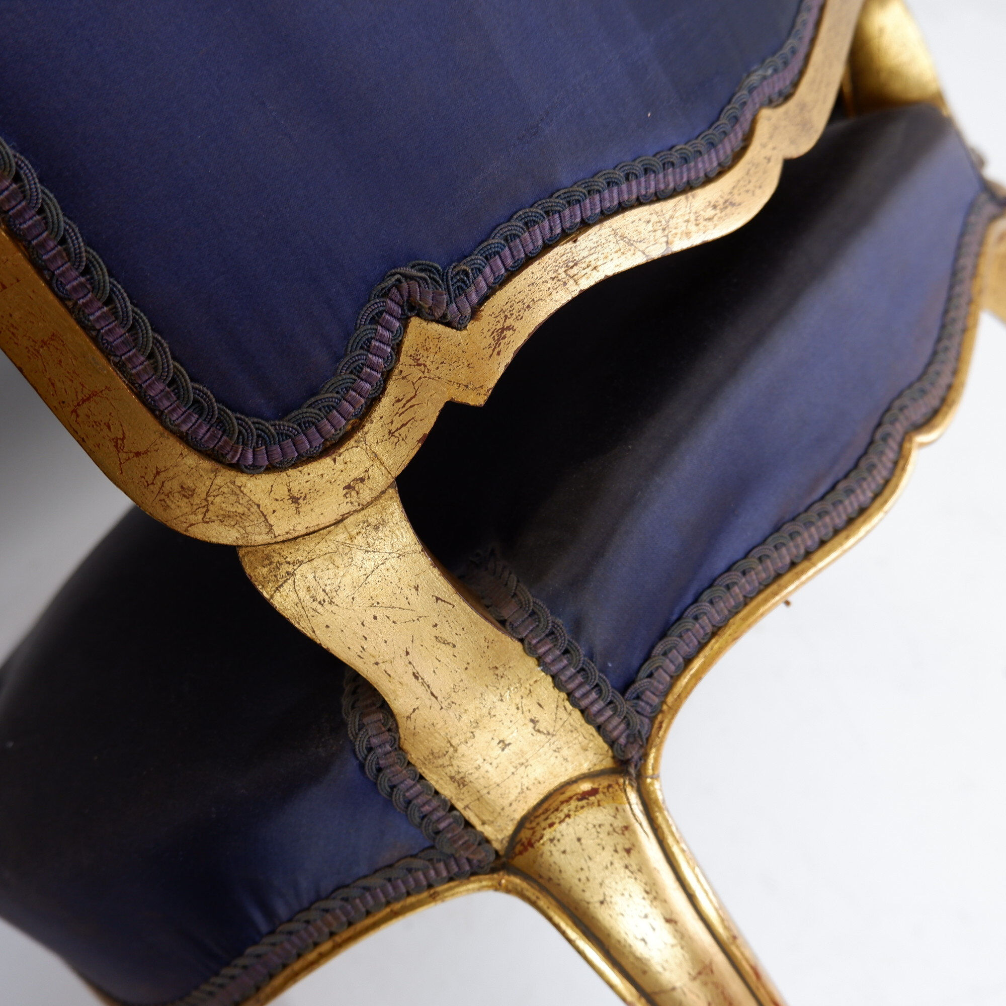 Louis XV style armchairs with original navy blue silk upholstery
