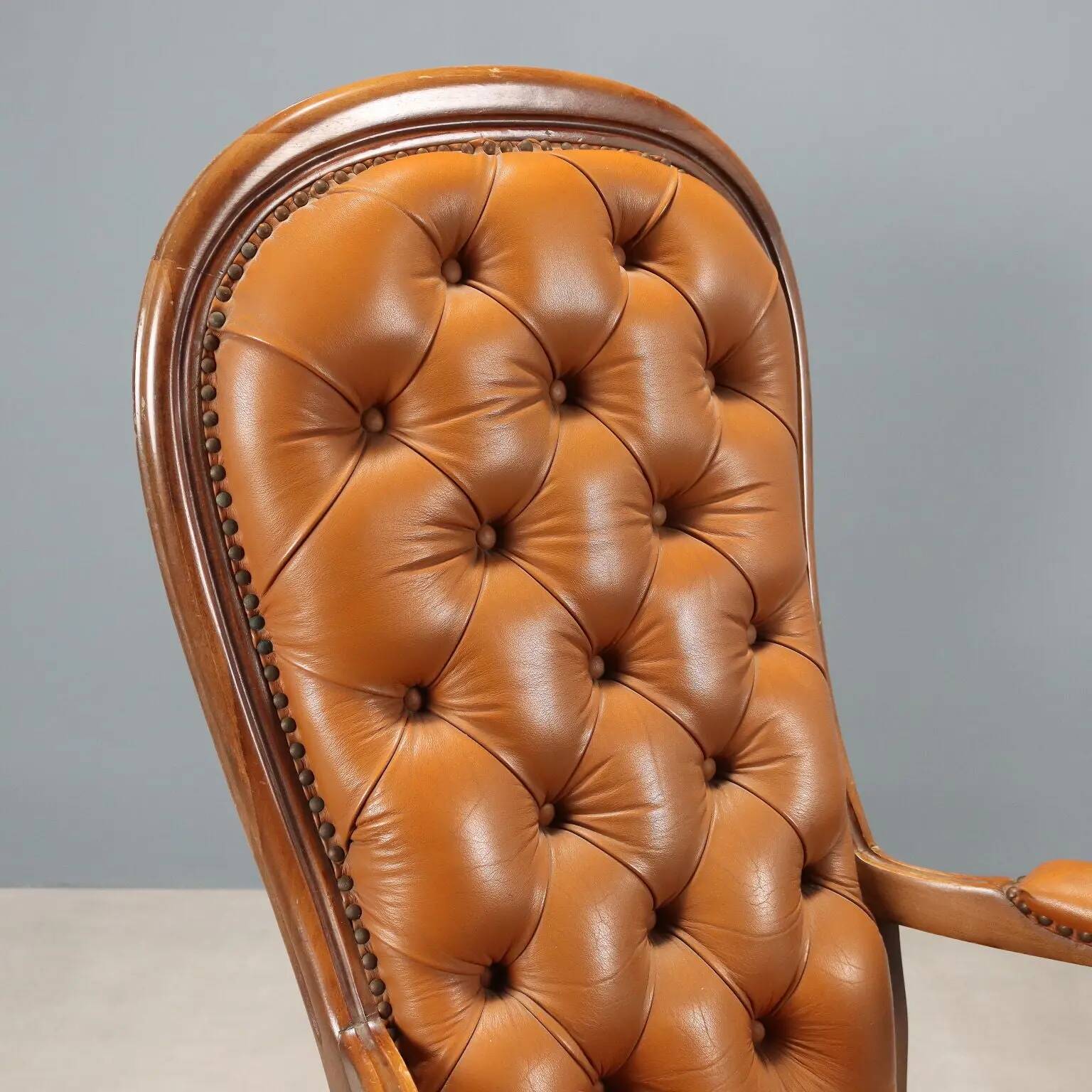 Antique walnut and leather armchairs, Italy, 20th century