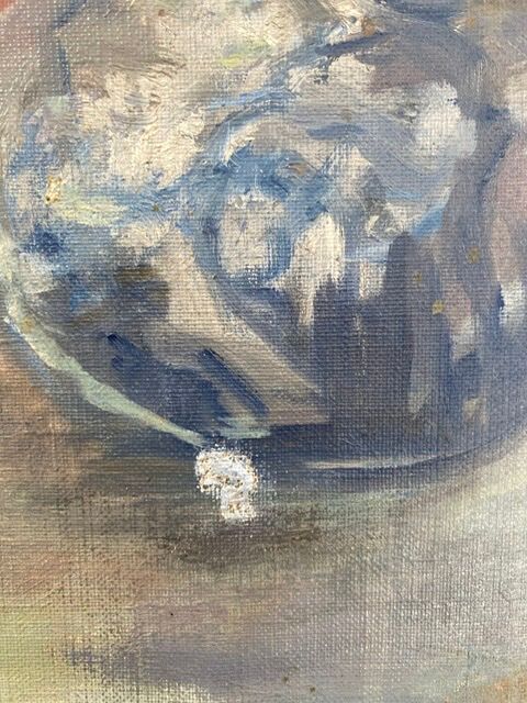 Ancient painting, still life in vase, flower pot and pitcher, signed, 20th century
