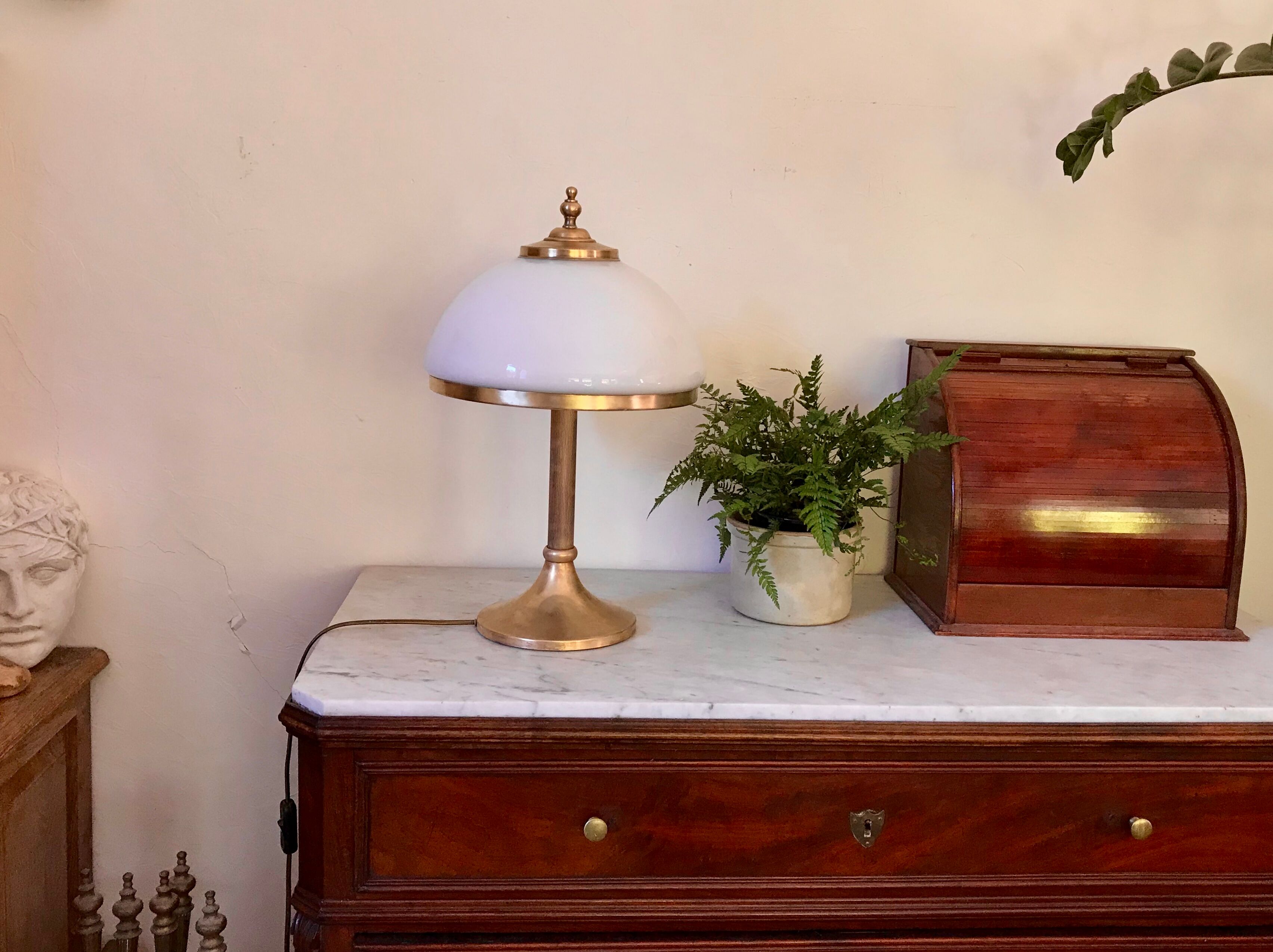 Vintage brass mushroom lamp and opaline