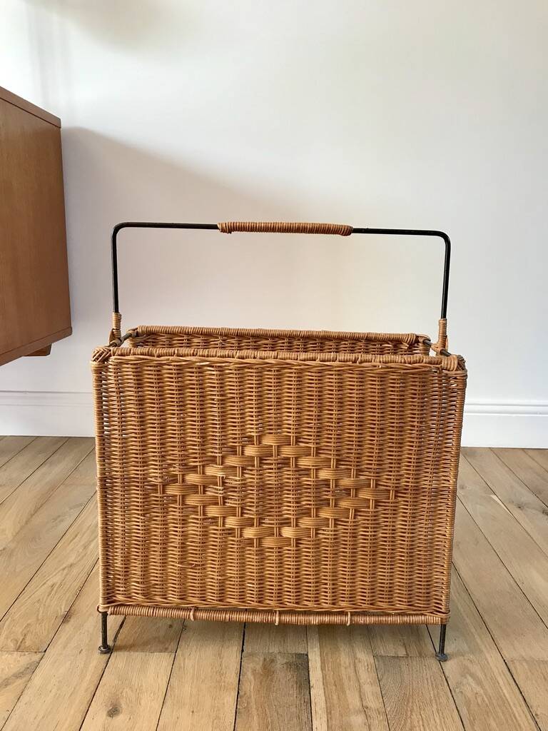 large wicker / rattan and black iron magazine rack from the 70s