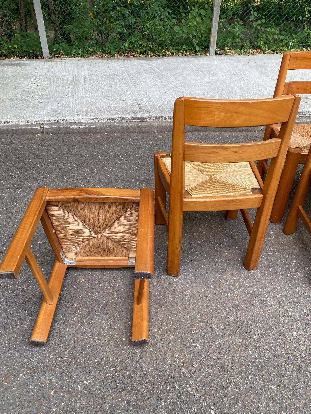 6 chaises brutalistes Maison Regain orme massif paillées années 80