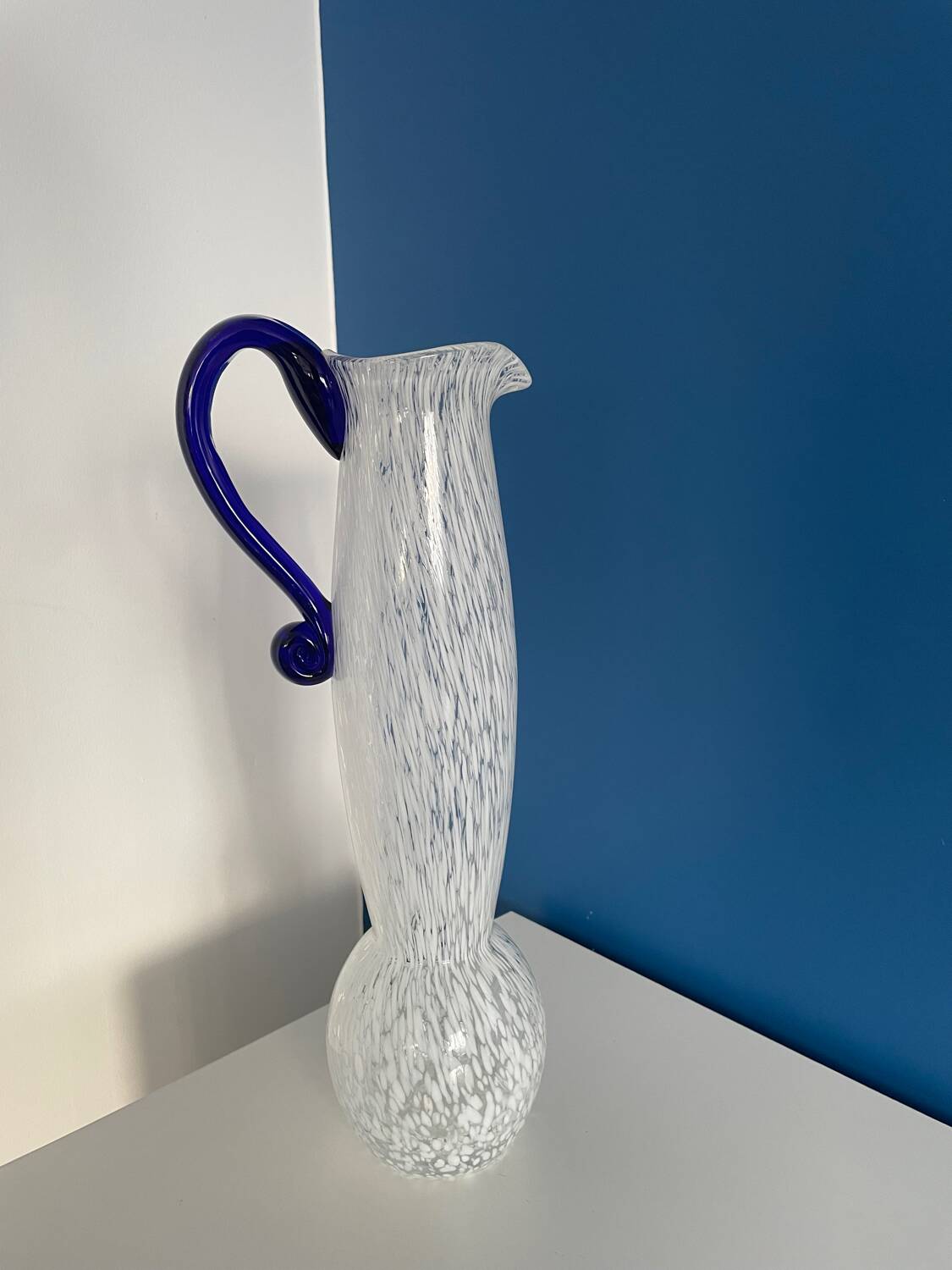 Decorative carafe or vase in blue and white Murano blown glass, chic style