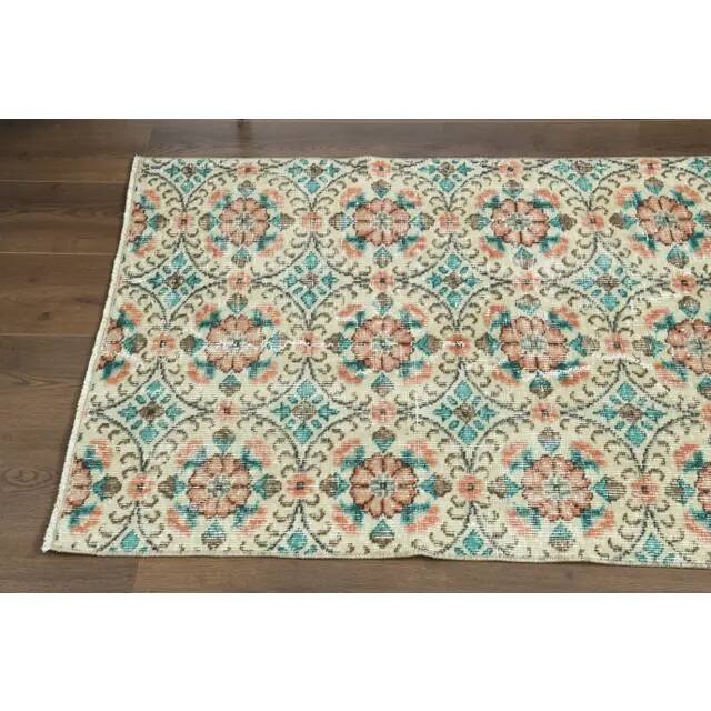 1970s vintage Turkish Oushak handmade wool cotton beige runner rug 85x270
