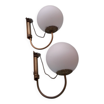 Pair of metal and opaline wall lights