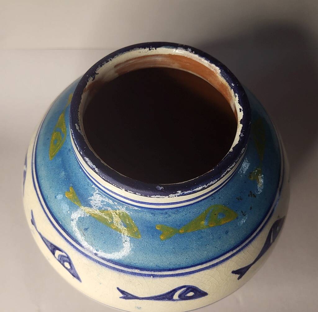 Portuguese Ceramic Vase Decorated with Blue & Gold Fish