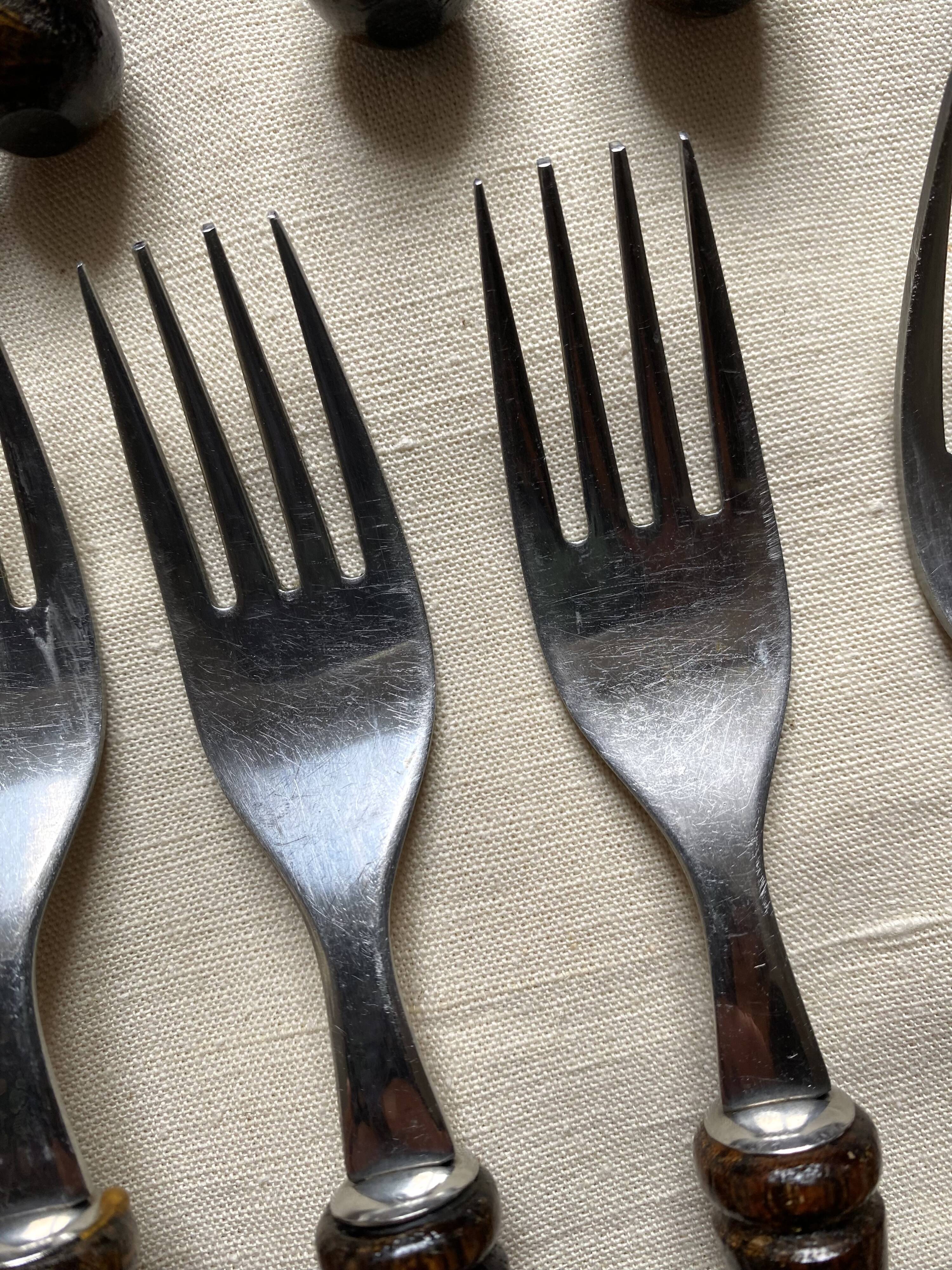 36-piece cutlery set with wooden and stainless steel handles, 1970s