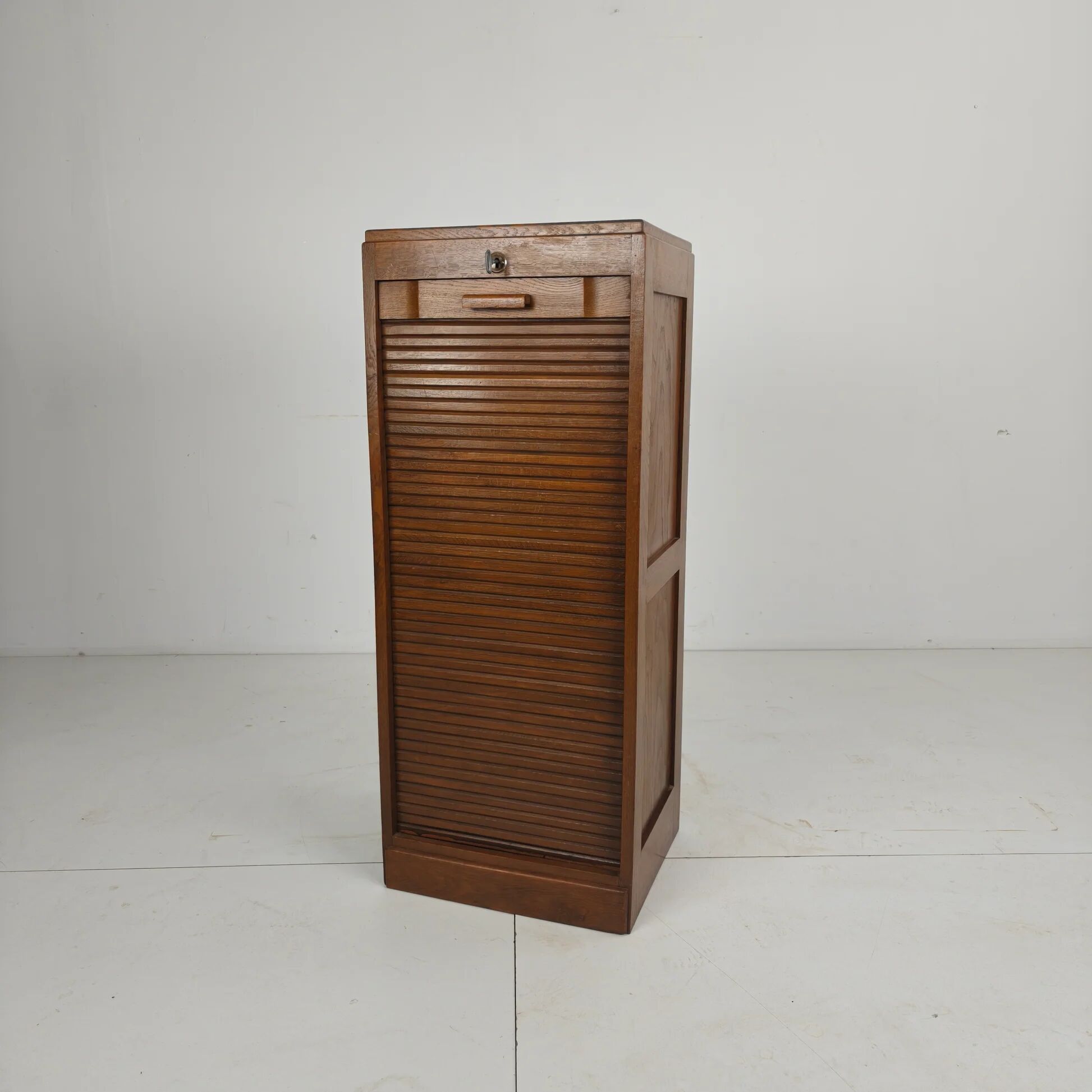 Dutch oak tambour archive cabinet, 1920s–1930s
