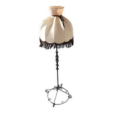 Vintage multicoloured metal floor lamp with pleated cream fringed shade, 1950s