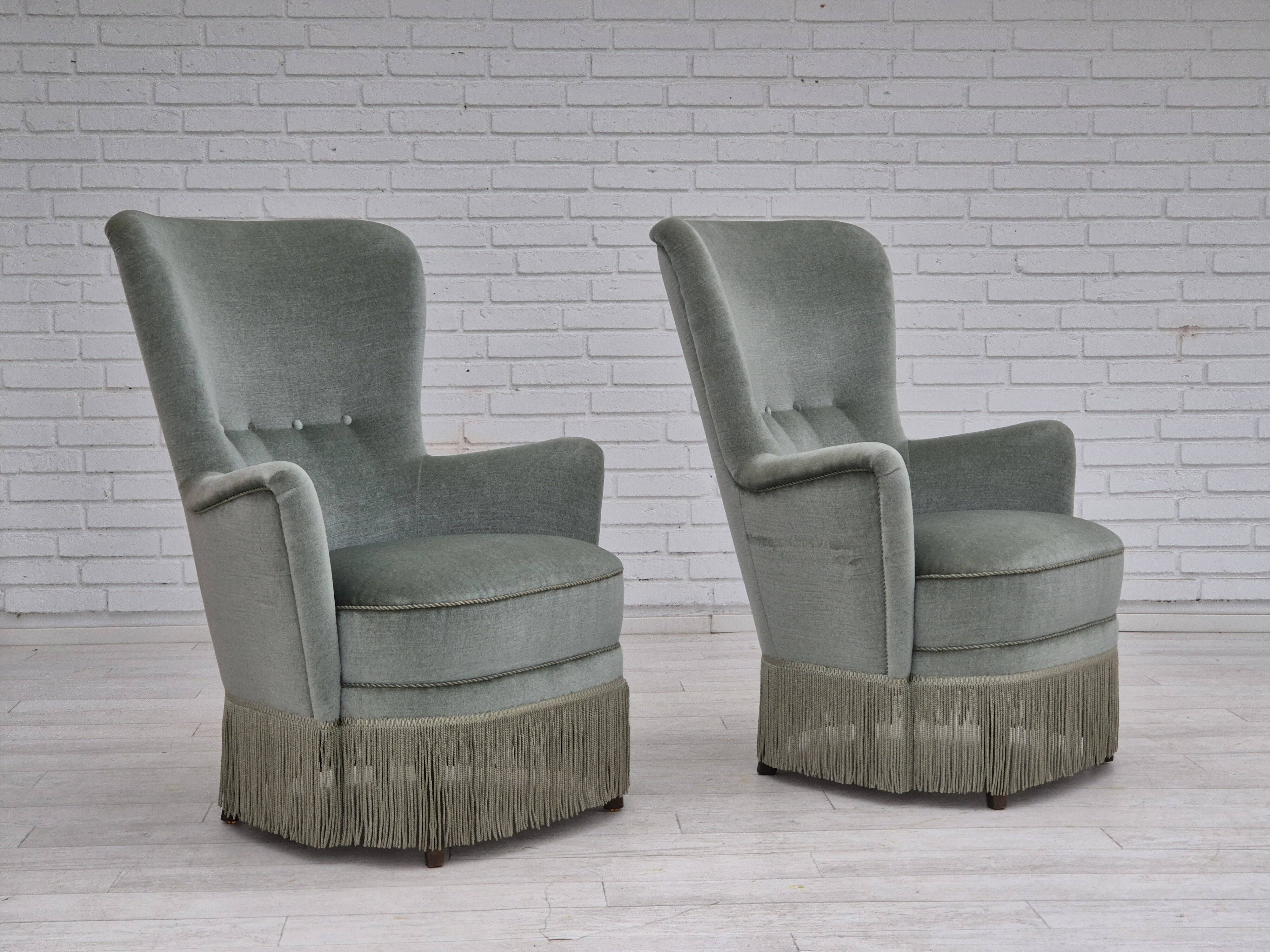1970s, Danish armchair, original condition, furniture velour, beech wood legs.
