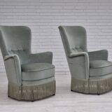 Fauteuil danois des années 1970, état d'origine, tissu d'ameublement velours, pieds en hêtre.