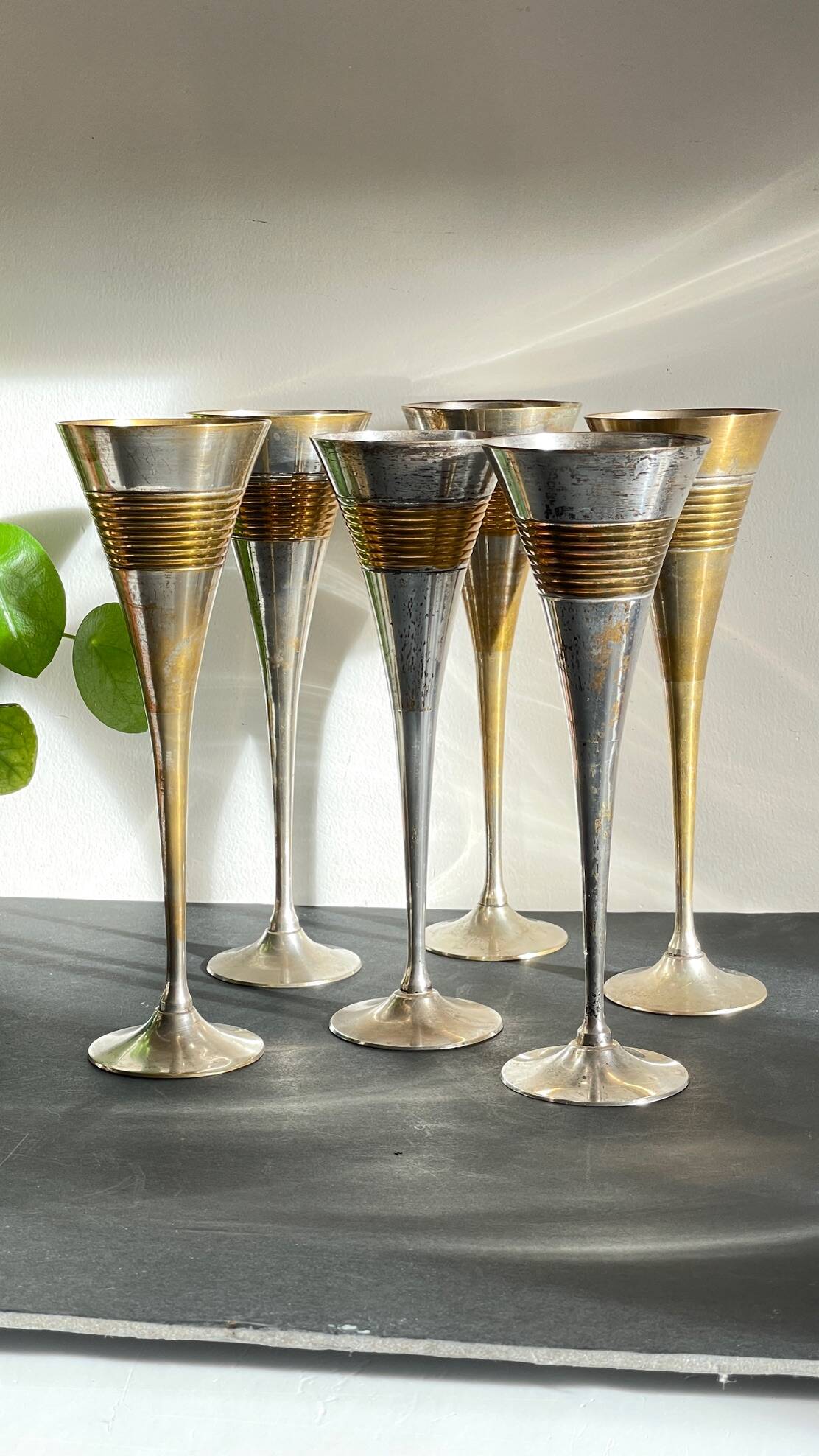 6 Vintage Silver-Plated Brass Champagne Flutes