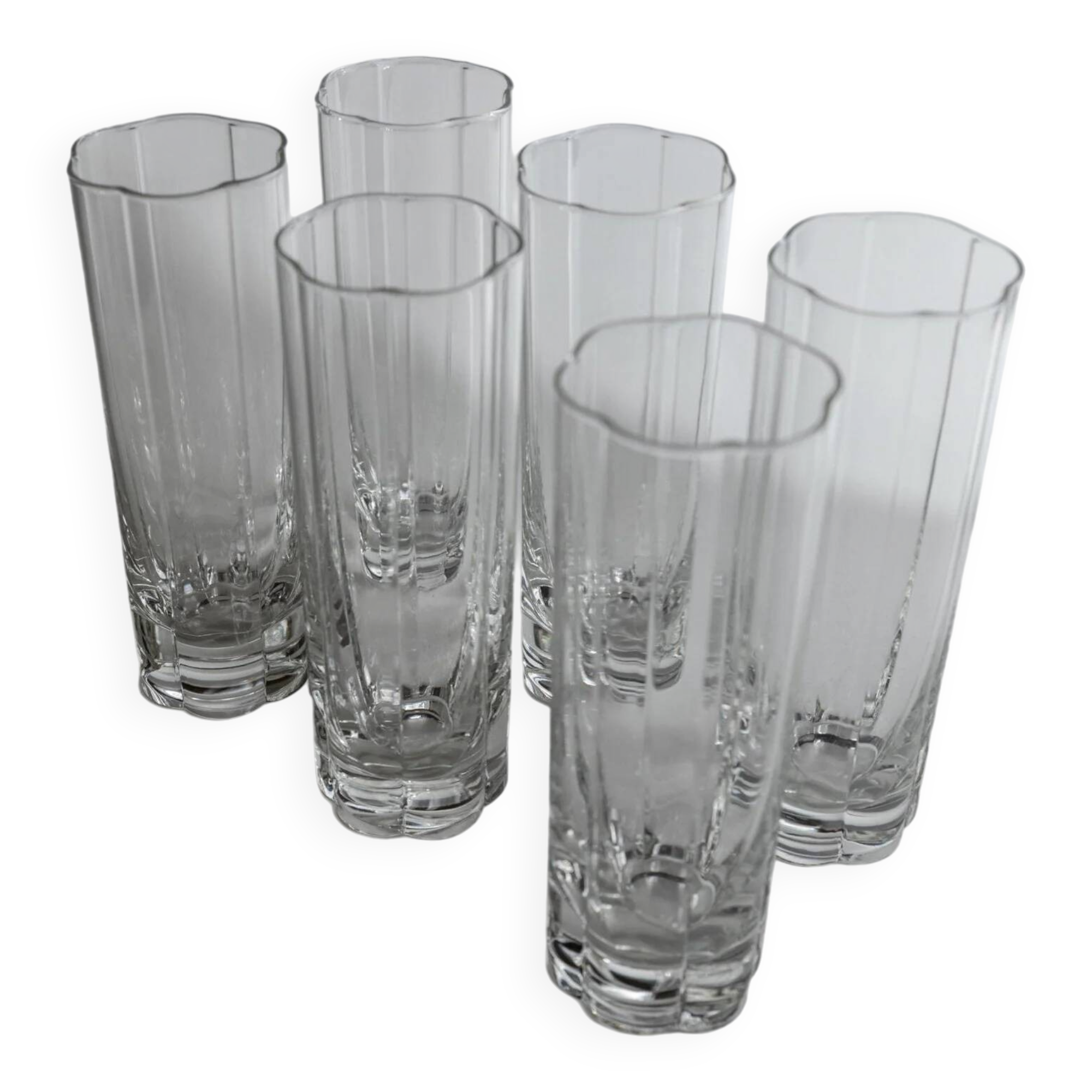 Transparent crystal flower-shaped drinking glasses, vintage 1980s Italy, set of 6 for water and long drinks