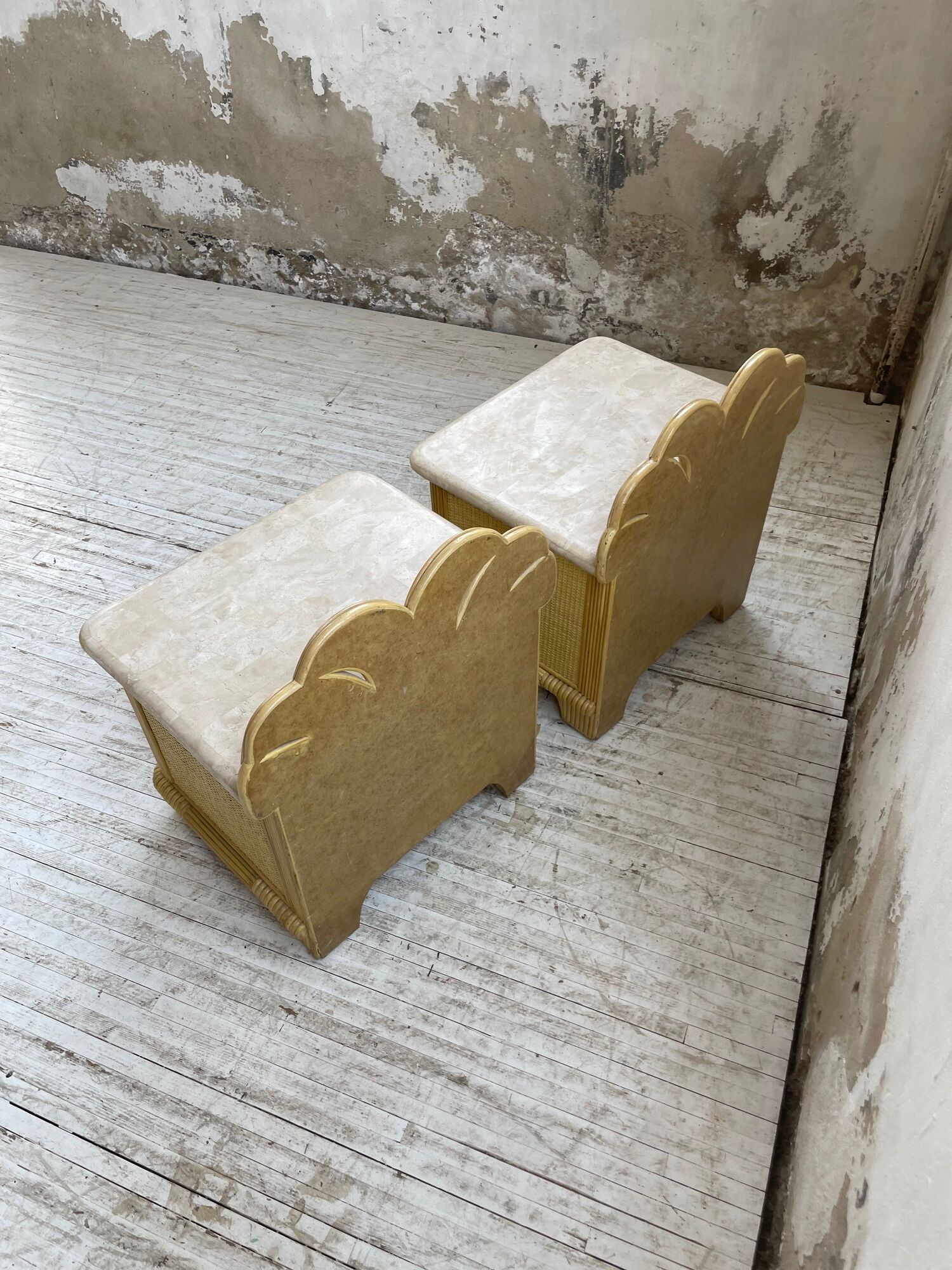 Pair of travertine bedside and rattan palm tree "vivai del sud"