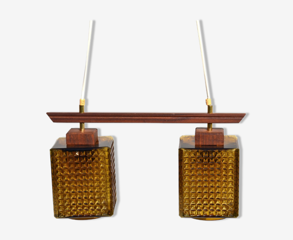 Suspension vintage scandinave en verre fumé et teck, Orrefors, années 60