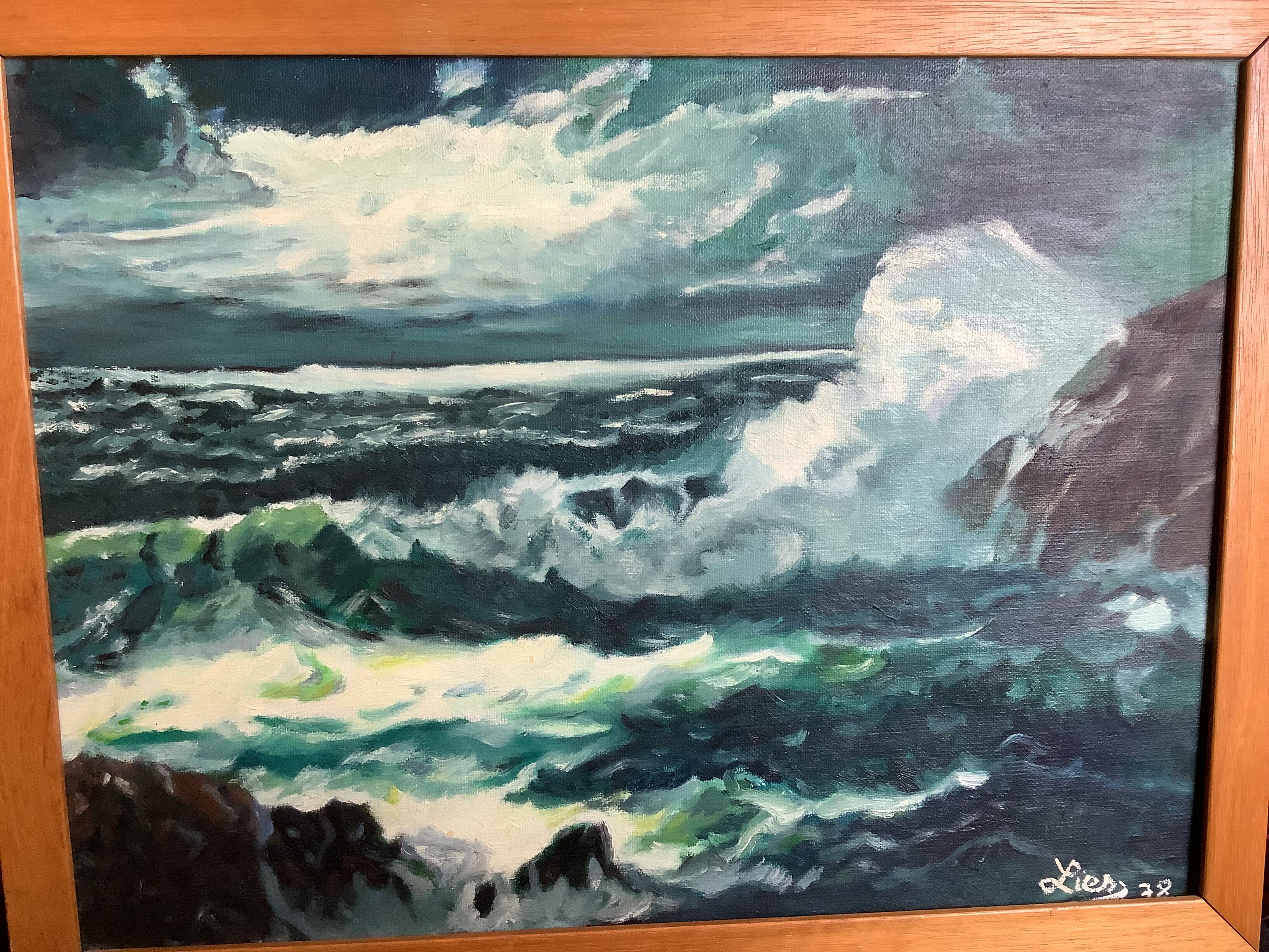 Marine painting of a rough sea, oil on canvas, signed.