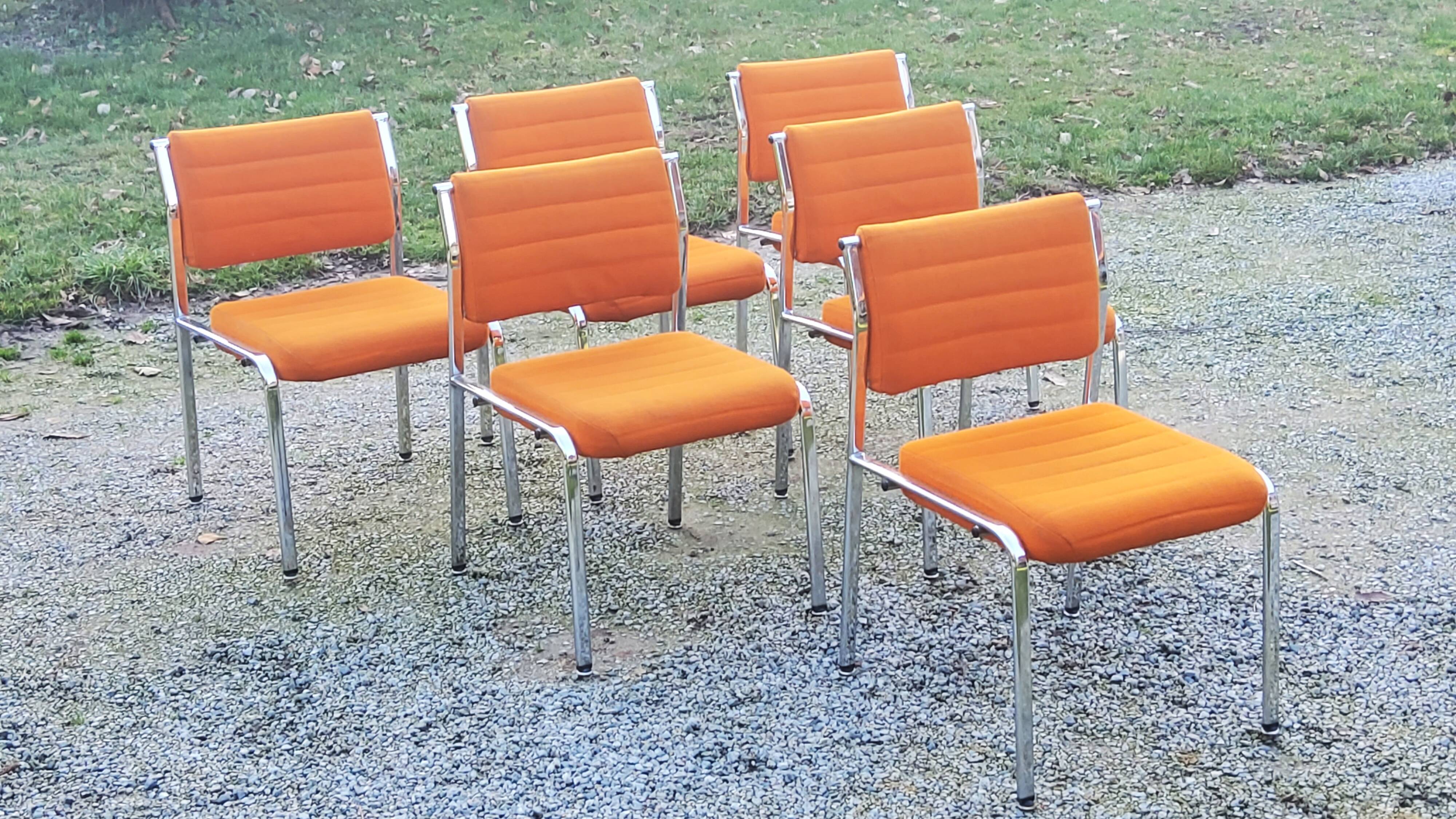 Set of 6 designer chairs from the 70s orange fabrics and chrome tubes