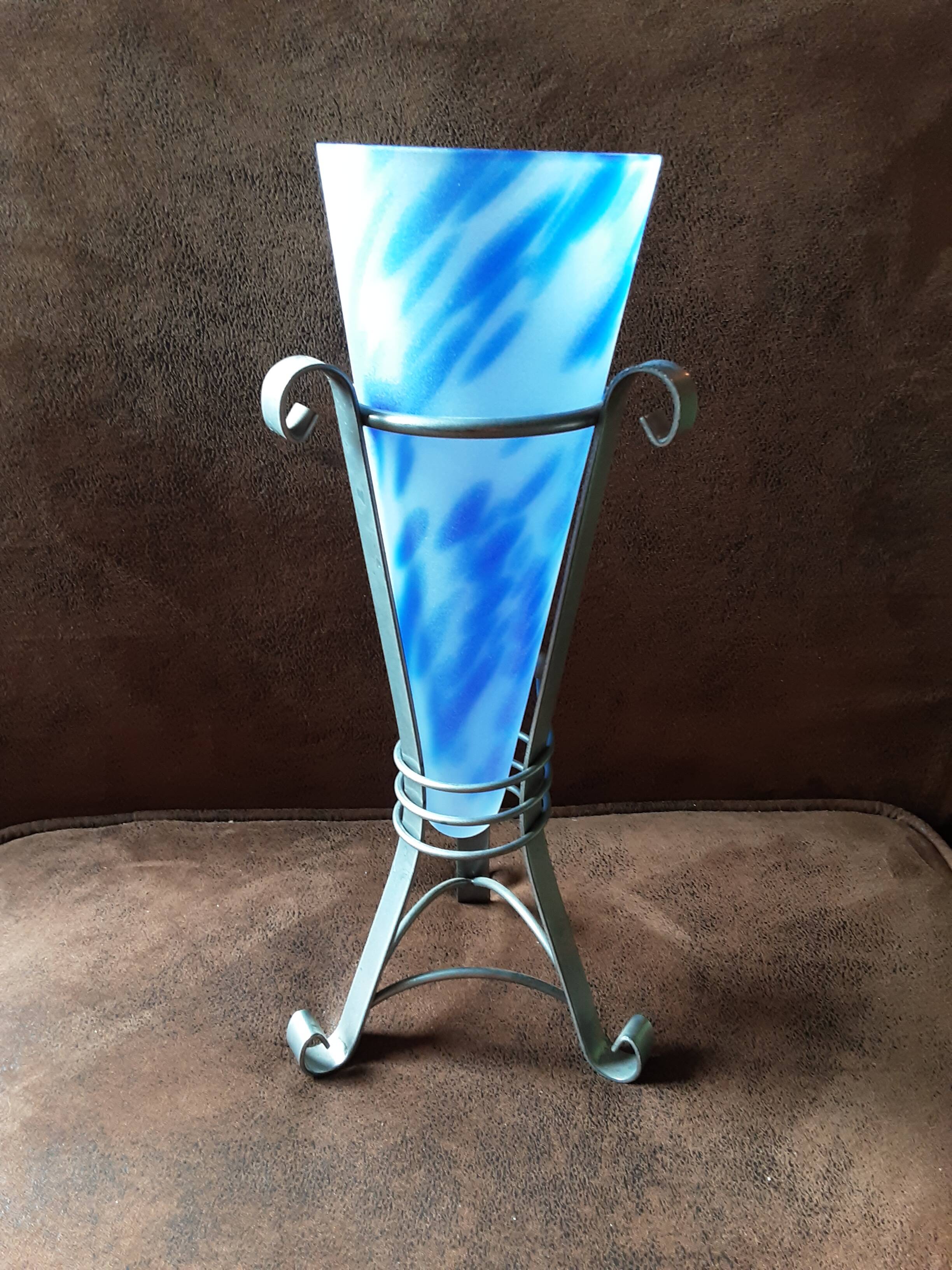 Marbled blue opaline vase on metal base