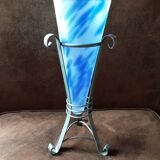 Marbled blue opaline vase on metal base