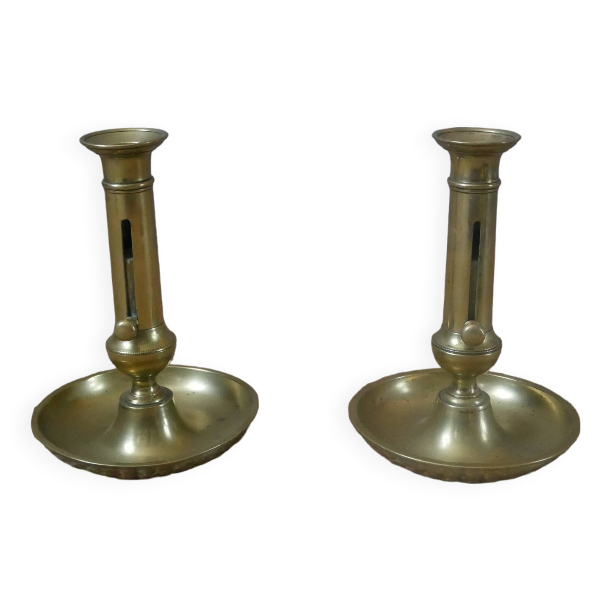 Pair of brass push-button candlestick holders in gold metal, bohemian country decoration