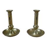 Pair of brass push-button candlestick holders in gold metal, bohemian country decoration