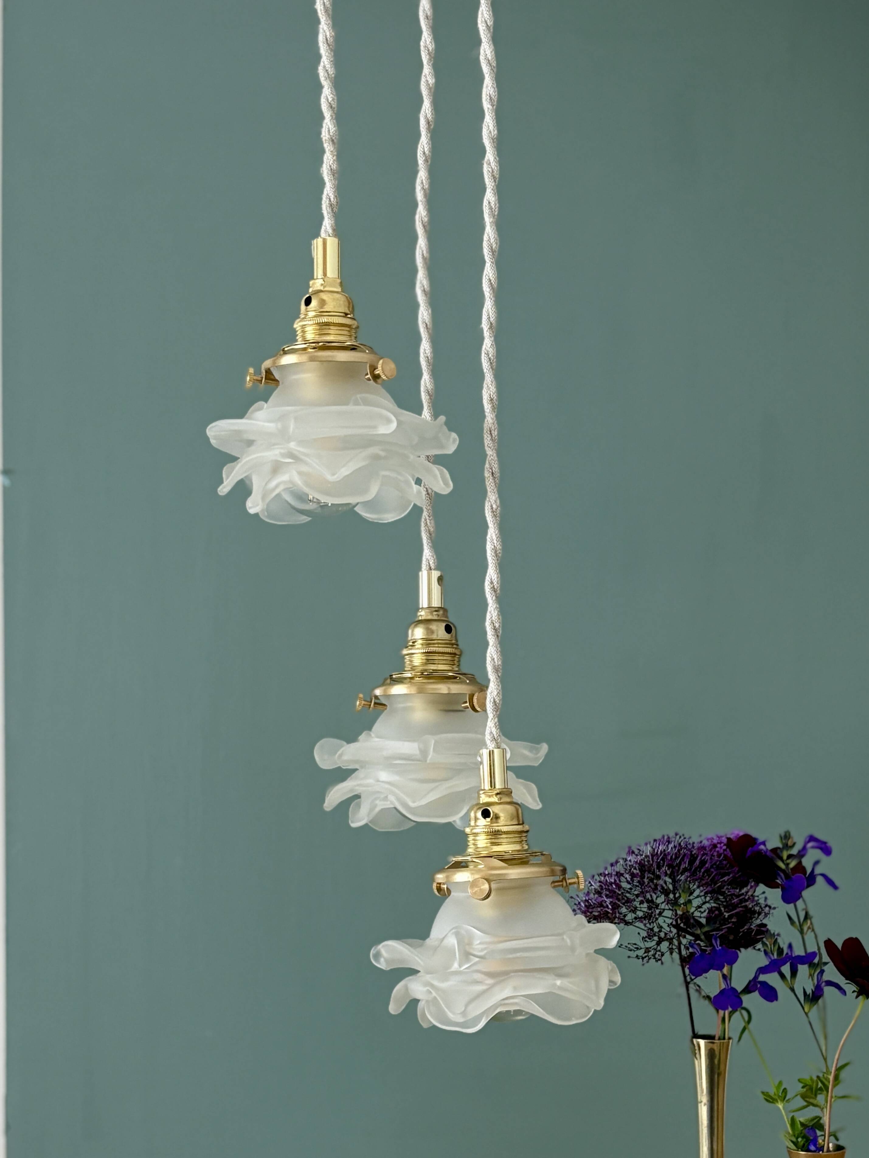 Vintage triple tulip pendant light in frosted glass in the shape of flowers