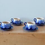 Service of 4 blue ceramic cups and saucers from the 1950s