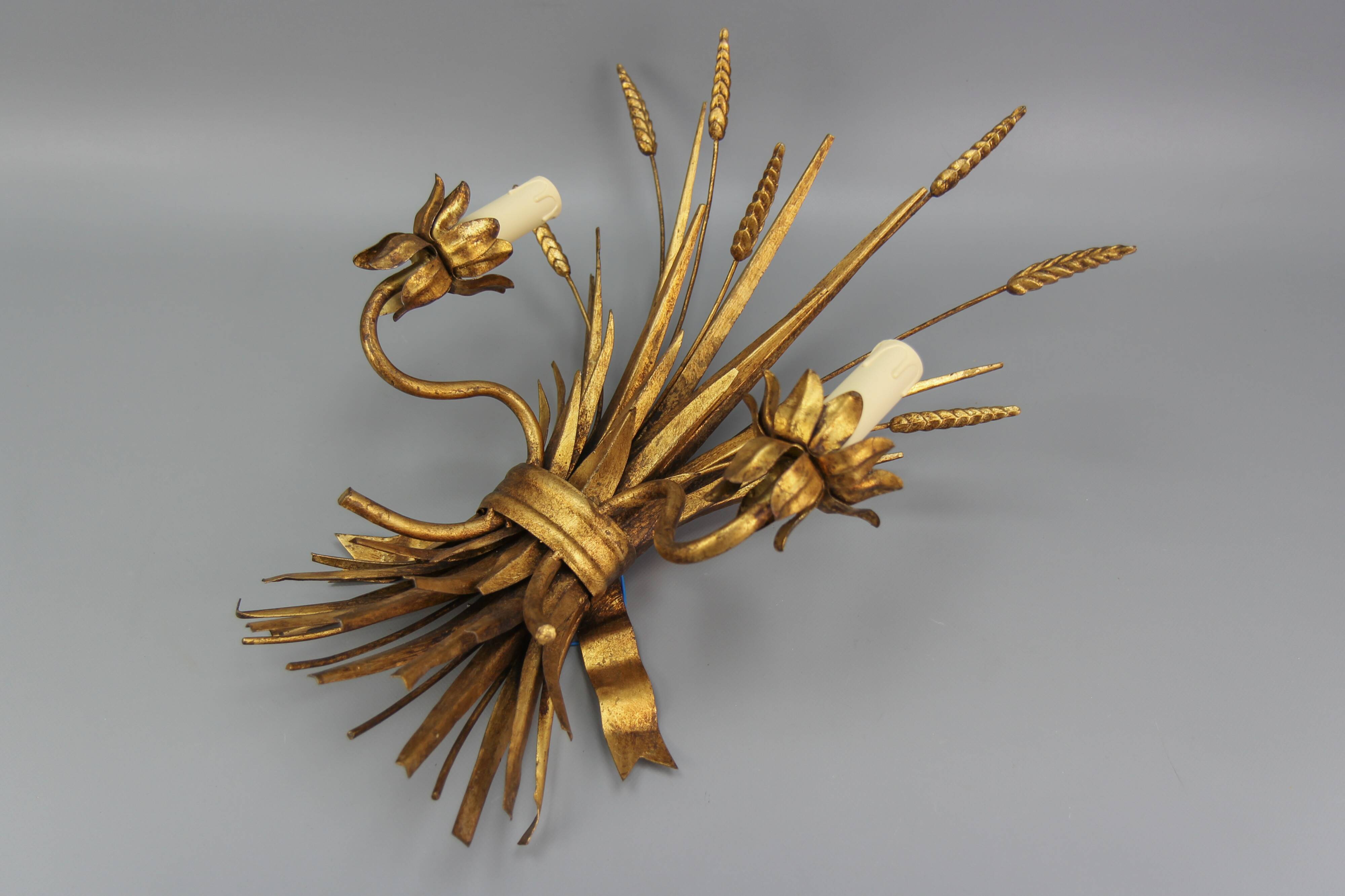 Gilt metal wheat sheaf two-light wall sconce