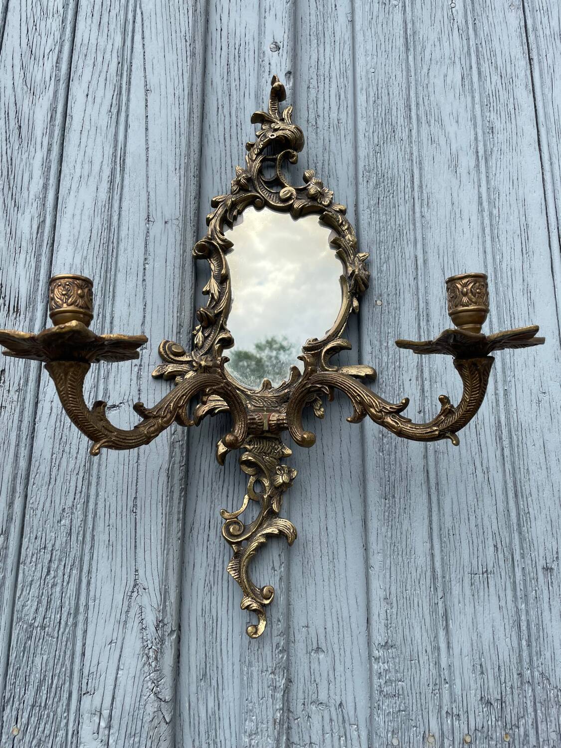 Pair of vintage bronze wall sconces with mirror and 2 candles