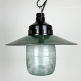 Industrial bakelite green enamel pendant light with ribbed glass, 1970s