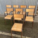 Lot de 8 chaises industrielles école  vintage collectivités mullca delagrave restaurant tube & bois