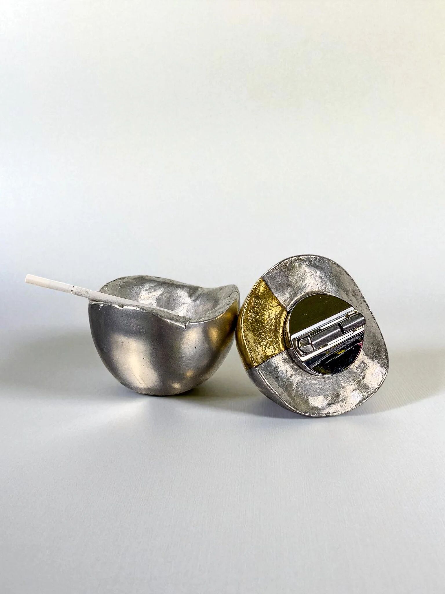 Brutalist egg-shaped lighter-ashtray by Ardisur, bronze and aluminium, 1970s, Spain