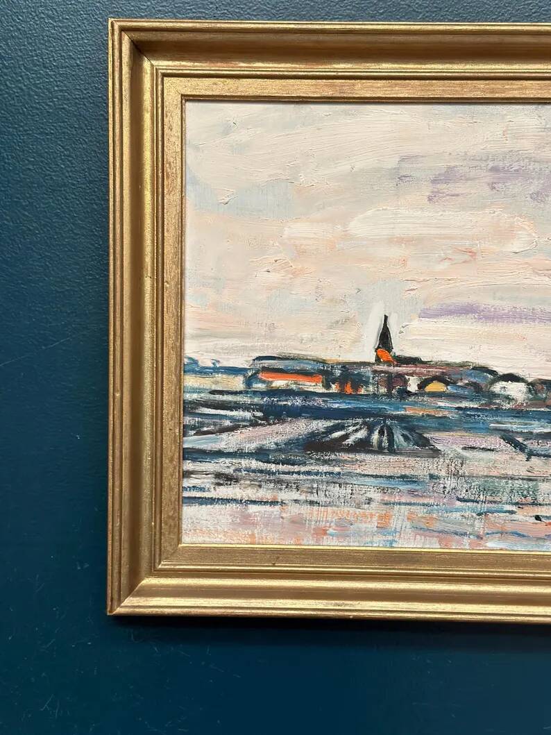 Original Swedish Oil on Panel – "Uppsala" by Gusten Widerbäck – Signed – Dated 1965 (on the back) – Framed – 38 × 43 cm