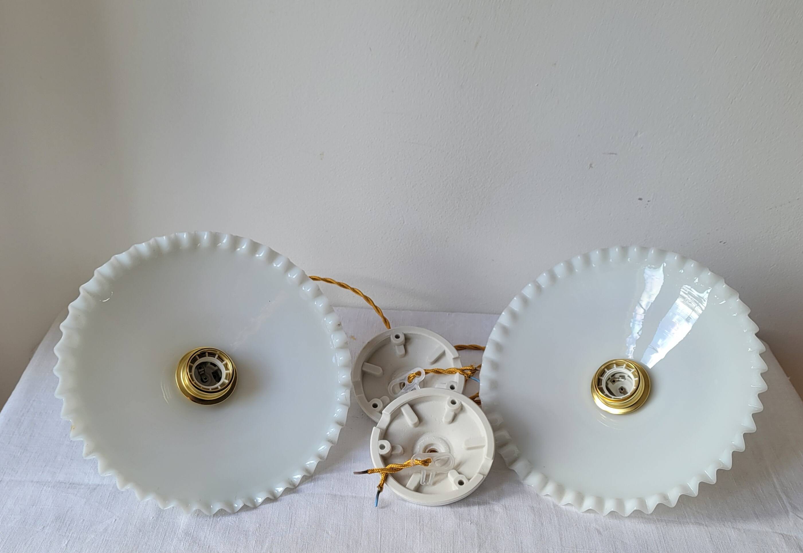 Duo of white opaline pendant lights