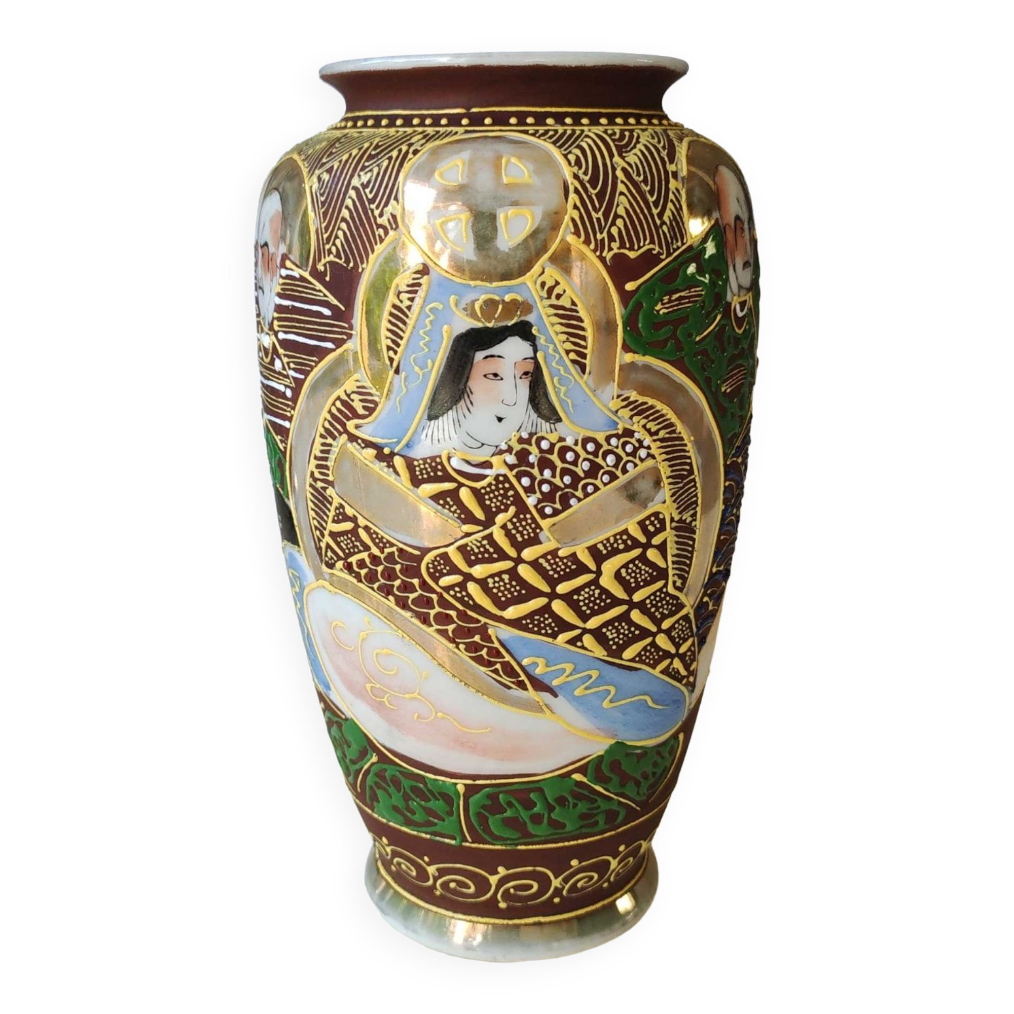 Satsuma Moriage vase in glazed ceramic, hand painted. 50s. Scenes of life of notables