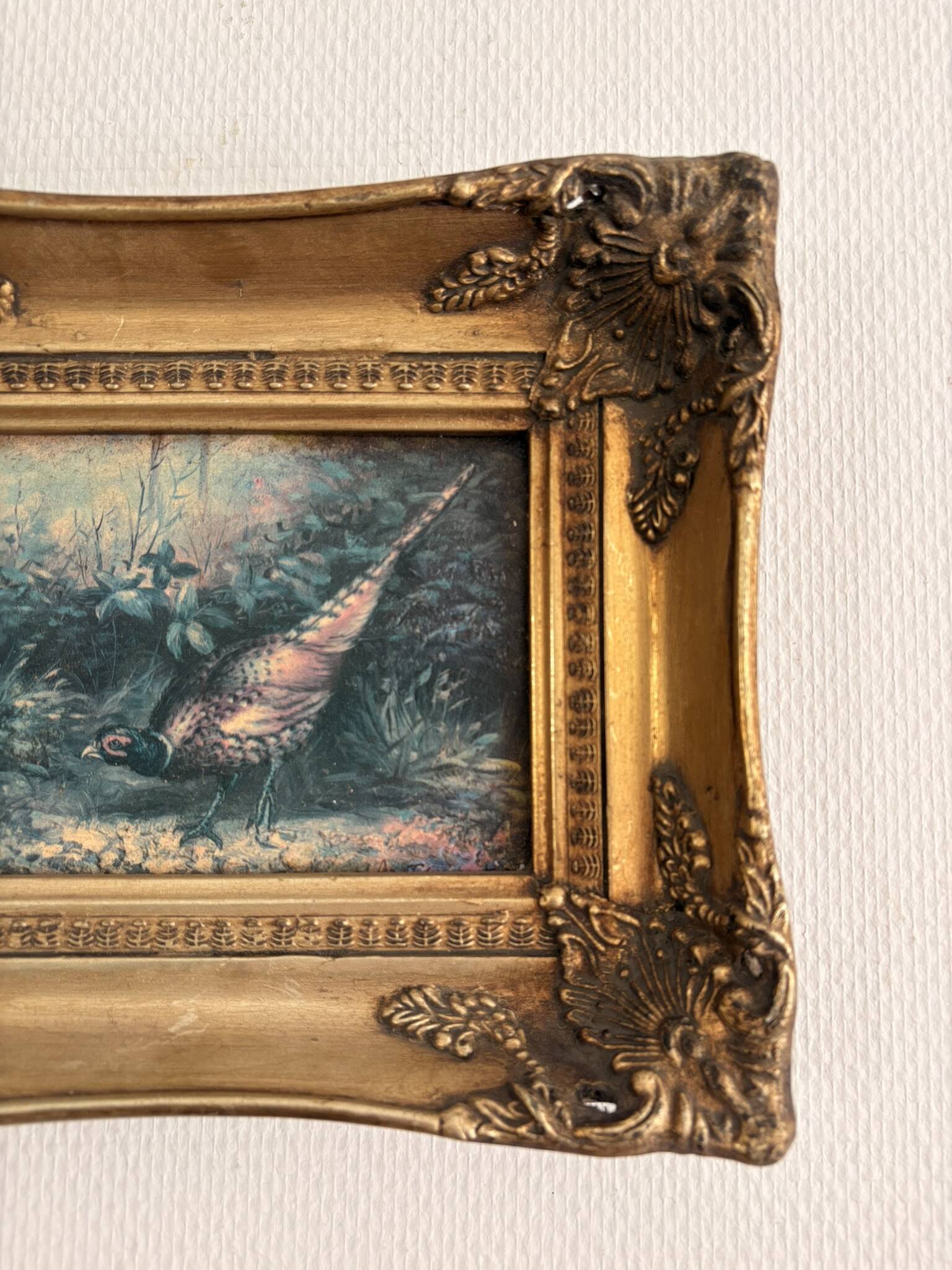 Ancient Impressionist Painting Hunting Pheasant English Rococo Frame