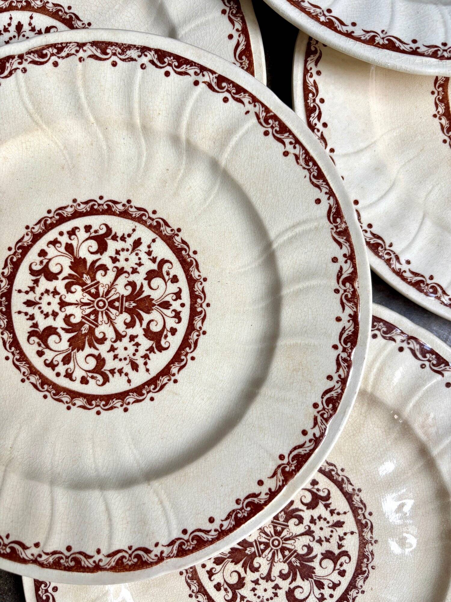 6 Gien dessert plates in ecru and brown ironstone