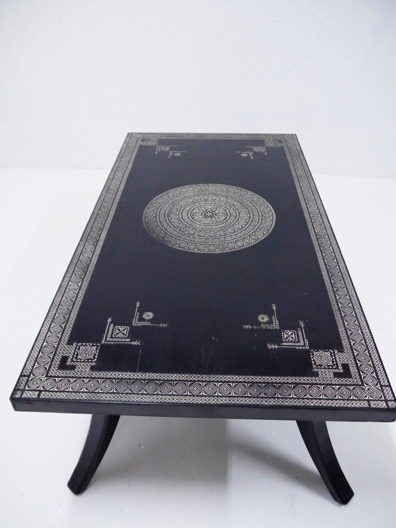 Antique wooden coffee table painted in black and incised with white painted decorations, Ettore Zaccari, Italy c 1910
