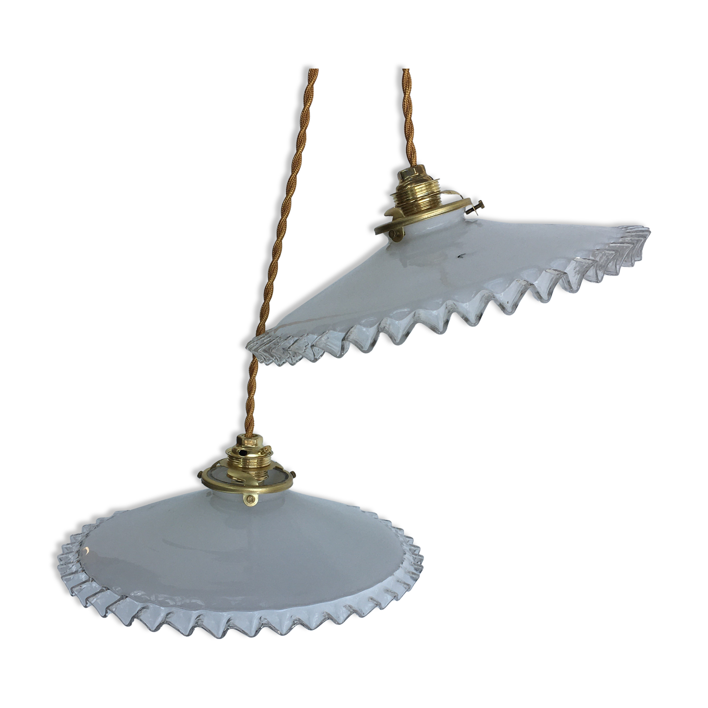 Pair of white opaline and toothed edges hanging lamps