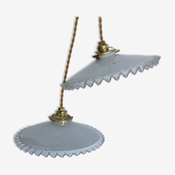 Pair of white opaline and toothed edges hanging lamps